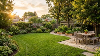 A landscaped backyard with lawn, garden beds and a stone patio at golden hour